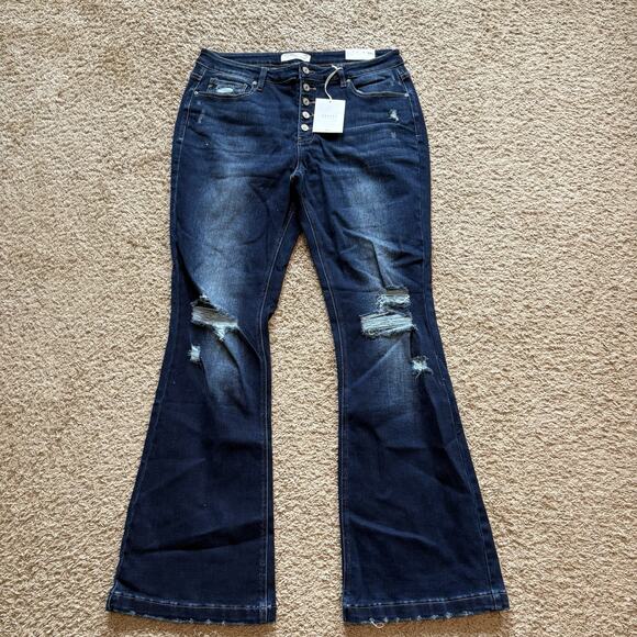 NEW‎ KanCan Jeans Flare High Rise Denim Button Fly Distressed Size 2XL Long - Picture 1 of 11